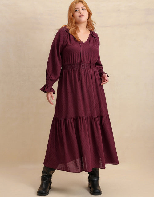 Load image into Gallery viewer, Plus Size Swiss Dot Tie Neck Flounce Sleeve Maxi Dress
