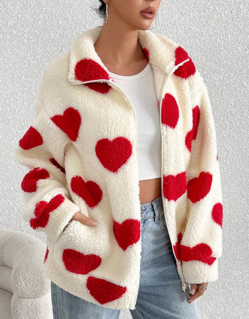 Load image into Gallery viewer, Heart Zip Up Drop Shoulder Furry Jacket
