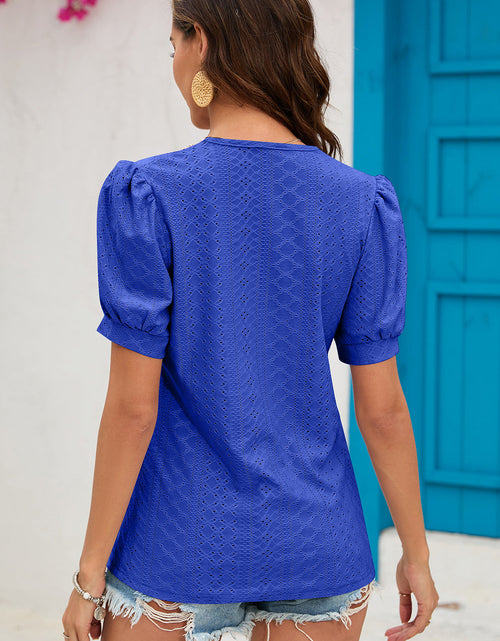 Load image into Gallery viewer, Eyelet V-Neck Short Sleeve T-Shirt
