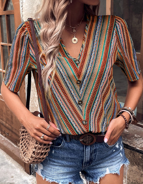 Load image into Gallery viewer, Shiny Printed V-Neck Button-Up Short Sleeve Top
