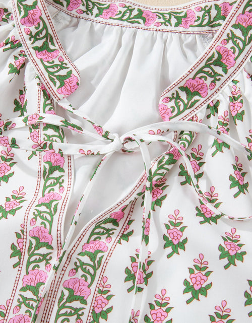 Load image into Gallery viewer, Floral Print Puff Sleeve Tie Neck Ruffled Hem Dress
