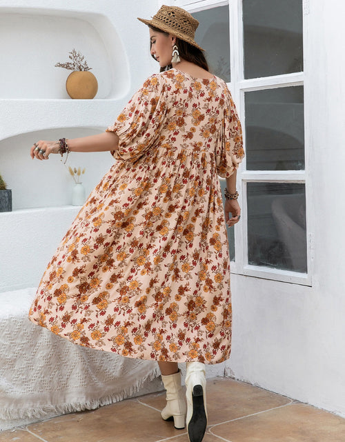 Load image into Gallery viewer, Plus Size Printed Tie Neck Half Sleeve Midi Dress
