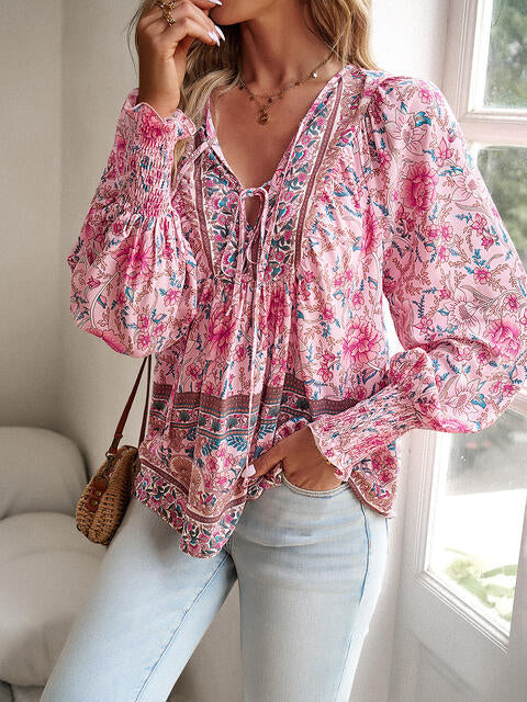 Load image into Gallery viewer, Bohemian Tie Neck Lantern Sleeve Blouse

