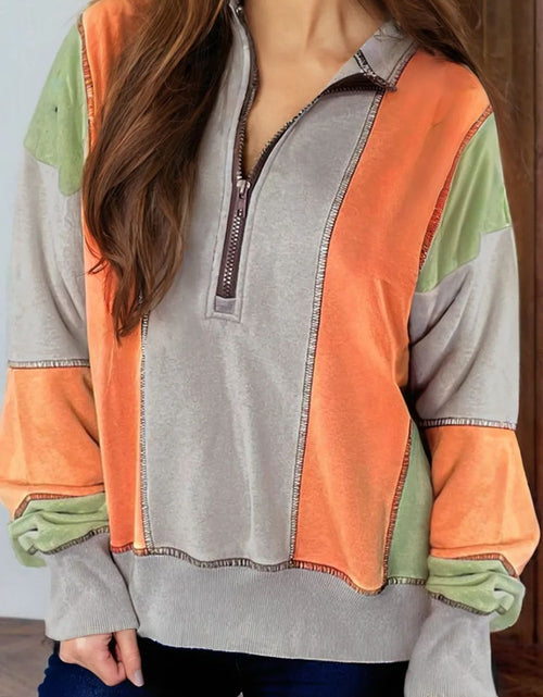 Load image into Gallery viewer, Full Size Exposed Seam Color Block Long Sleeve Sweatshirt
