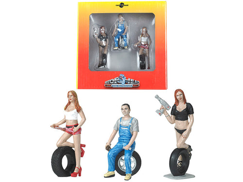 Load image into Gallery viewer, Andie, Derek and Michele Tire Brigade 3 piece Figurine Set 1/24 by Motorhead Miniatures
