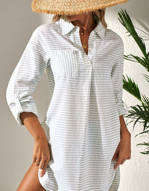 Load image into Gallery viewer, Striped Johnny Collar Long Sleeve Mini Shirt Dress

