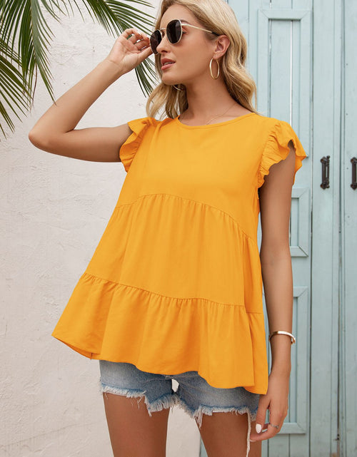 Load image into Gallery viewer, Ivy Lane Round Neck Flutter Sleeve Tiered Blouse
