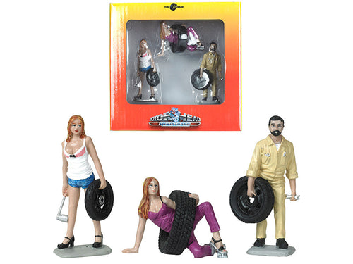 Load image into Gallery viewer, Val, Meg and Gary Tire Brigade 3 piece Figurine Set 1/24 by Motorhead Miniatures
