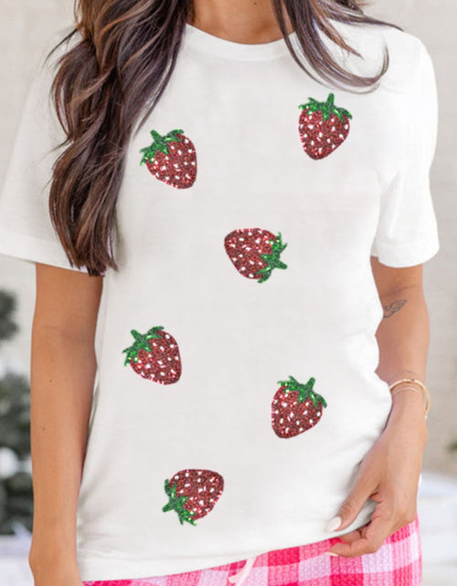 Load image into Gallery viewer, Sequin Strawberry Crew Neck Short Sleeve T Shirt
