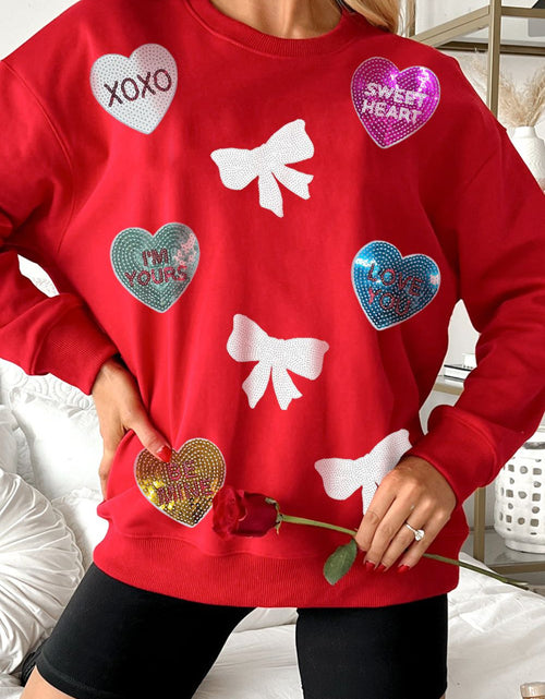 Load image into Gallery viewer, Valentine’s Day Sequin Bow Heart Round Neck Sweatshirt
