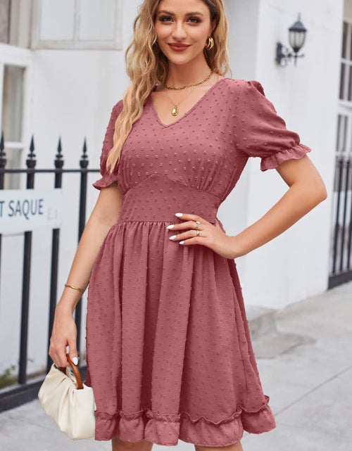 Load image into Gallery viewer, Swiss Dot Frill Trim Flounce Sleeve V-Neck Dress
