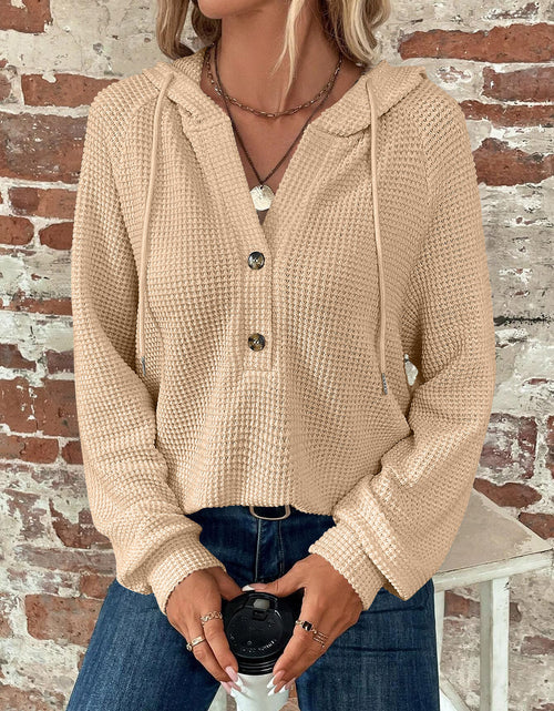 Load image into Gallery viewer, Waffle Knit Long Sleeve Drawstring Hooded Top
