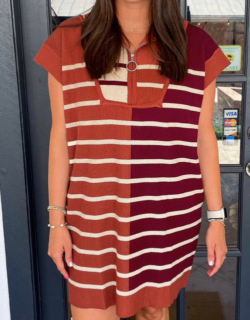 Load image into Gallery viewer, Striped Quarter Zip Cap Sleeve Sweater Dress
