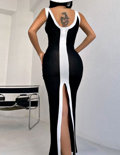Load image into Gallery viewer, Contrast Wide Strap Slit Midi Dress
