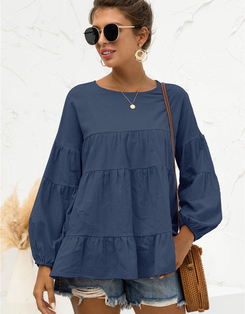 Load image into Gallery viewer, Round Neck Bubble Sleeve Tiered Blouse
