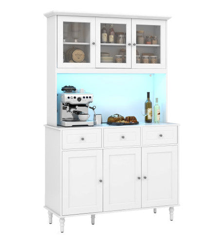 77 Inches Kitchen Pantry Storage Cabinet with LED Lights and Power Outlets-White
