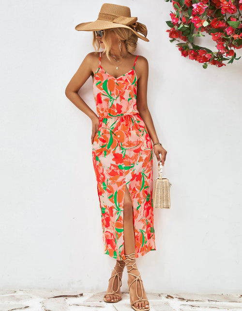 Load image into Gallery viewer, Printed Spaghetti Strap Front Slit Dress
