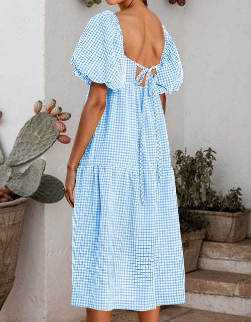 Load image into Gallery viewer, Plaid Square Neck Short Sleeve Dress
