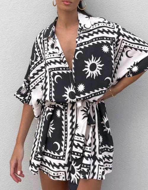 Load image into Gallery viewer, Printed Tie Waist Half Sleeve Romper
