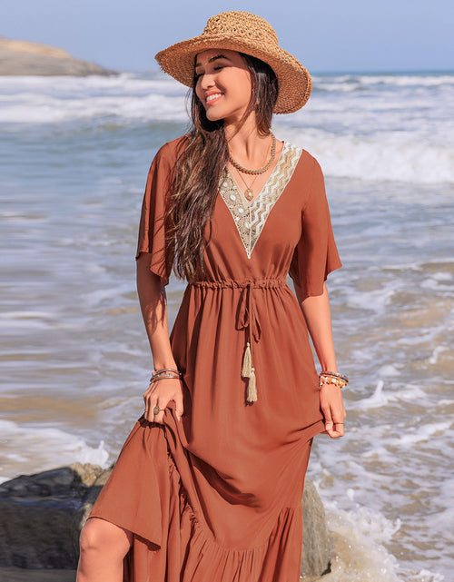 Load image into Gallery viewer, Ruffled Tassel V-Neck Flutter Sleeve Dress
