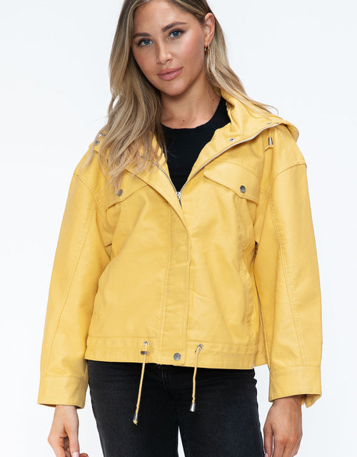 Load image into Gallery viewer, How Dare U Drawstring Hem PU Leather Zip Up Jacket
