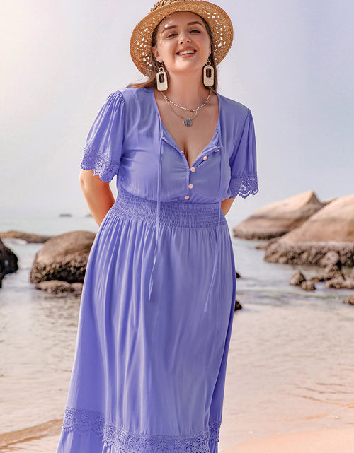 Load image into Gallery viewer, Plus Size Lace Detail Tie Neck Short Sleeve Maxi Dress
