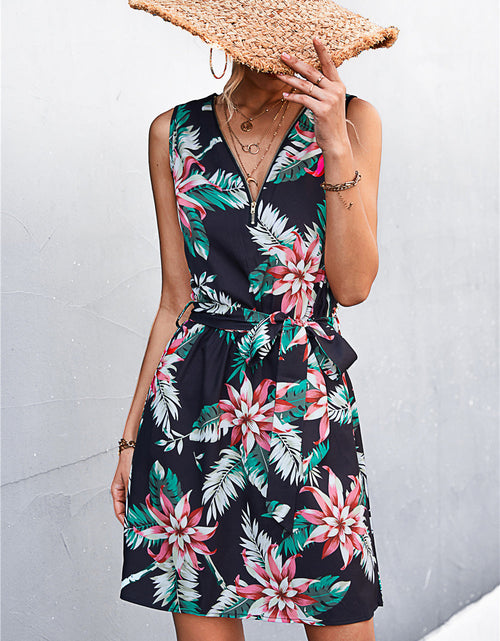 Load image into Gallery viewer, Printed Zip Detail Belted Sleeveless Dress
