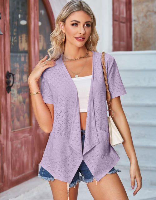 Load image into Gallery viewer, Eyelet Open Front Short Sleeve Cover Up

