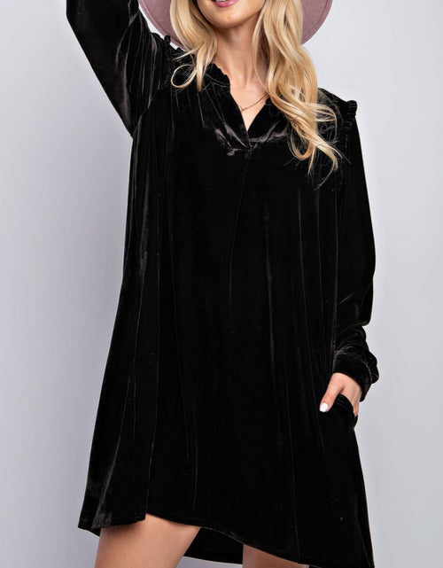 Load image into Gallery viewer, Frill Notched Long Sleeve Dress with Pockets
