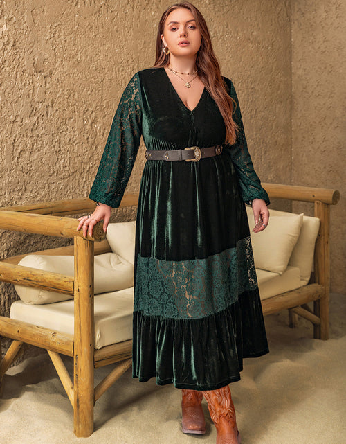 Load image into Gallery viewer, Plus Size Lace Patchwork V-Neck Balloon Sleeve Midi Dress
