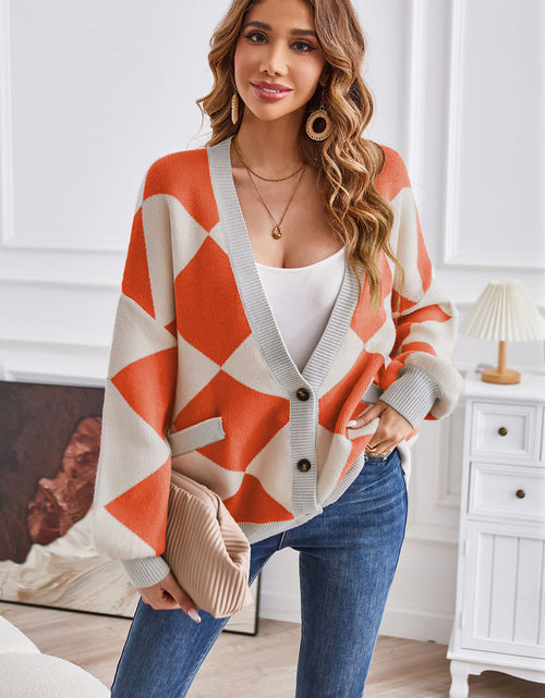 Load image into Gallery viewer, Geometric Lantern Sleeve Cardigan with Pockets
