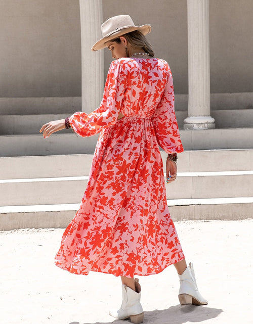 Load image into Gallery viewer, Tied Cutout Printed Long Sleeve Midi Dress
