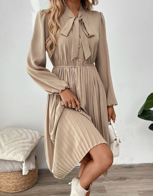 Load image into Gallery viewer, Perfee Pleated Tie Neck Long Sleeve Dress
