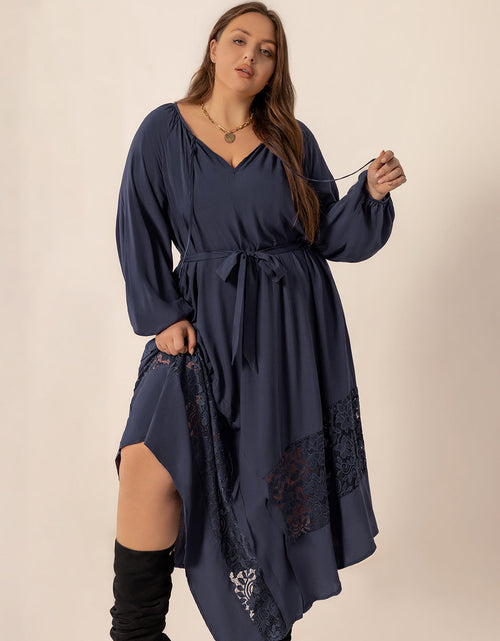 Load image into Gallery viewer, Plus Size Lace Detail Tie Neck Long Sleeve Midi Dress
