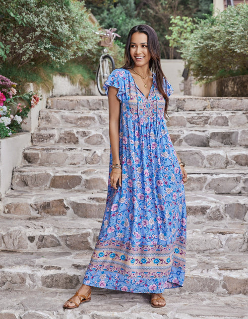 Load image into Gallery viewer, Ruffled Printed Tie Neck Cap Sleeve Dress
