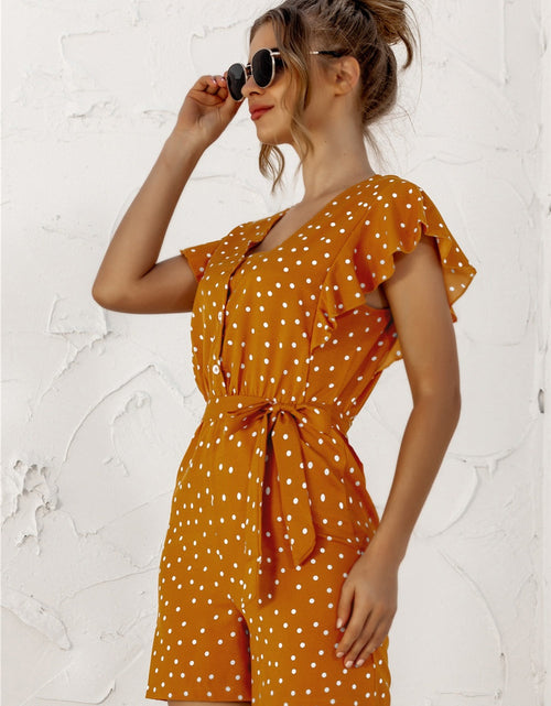 Load image into Gallery viewer, Ruffled Polka Dot Half Button Romper
