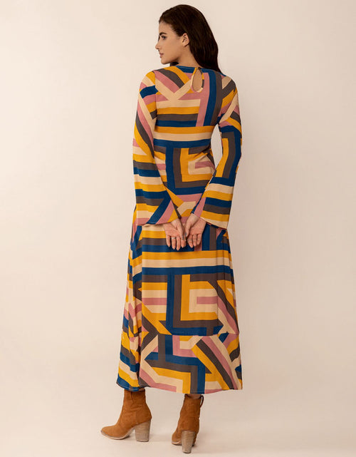 Load image into Gallery viewer, Contrast Round Neck Flare Sleeve Midi Dress
