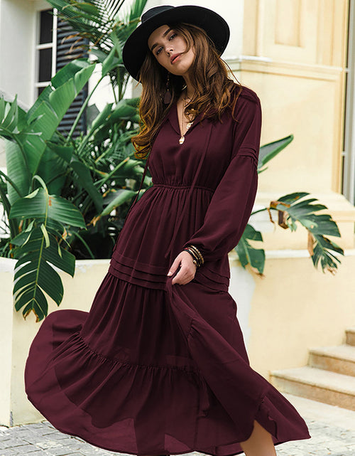 Load image into Gallery viewer, Tie Neck Long Sleeve Midi Tiered Dress
