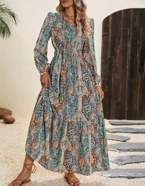Load image into Gallery viewer, Printed Tie Neck Long Sleeve Maxi Dress
