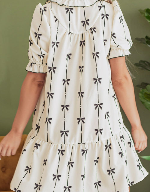 Load image into Gallery viewer, Frill Bow Print Notched Short Sleeve Mini Dress
