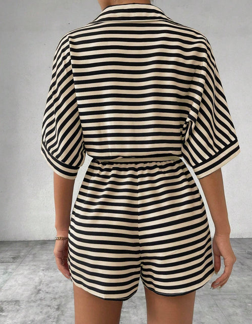 Load image into Gallery viewer, Tie Waist Half Button Striped Romper
