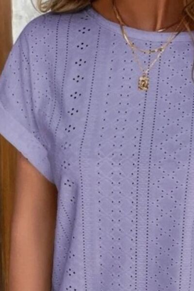 Load image into Gallery viewer, Eyelet Round Neck Short Sleeve T-Shirt
