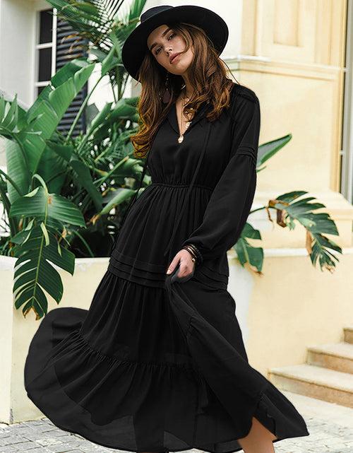 Load image into Gallery viewer, Tie Neck Long Sleeve Midi Tiered Dress
