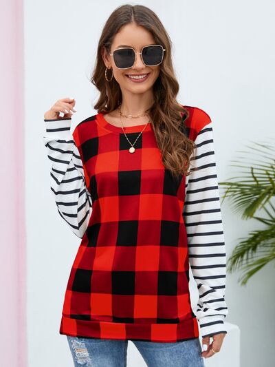 Load image into Gallery viewer, Plaid Striped Round Neck Long Sleeve T-Shirt

