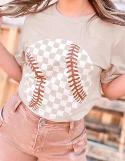 Load image into Gallery viewer, Contrast Checkered Baseball Graphic Round Neck Short Sleeve T-Shirt
