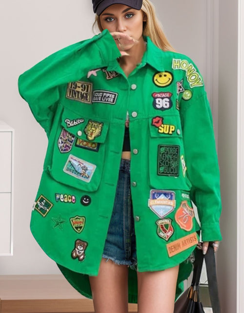 Load image into Gallery viewer, Embroidered Patch Button Up Long Sleeve Denim Jacket
