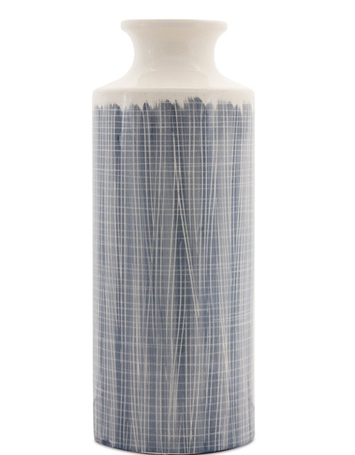 Load image into Gallery viewer, Terra Cotta Floor Vase with Navy Criss Cross Pattern 24.75"H
