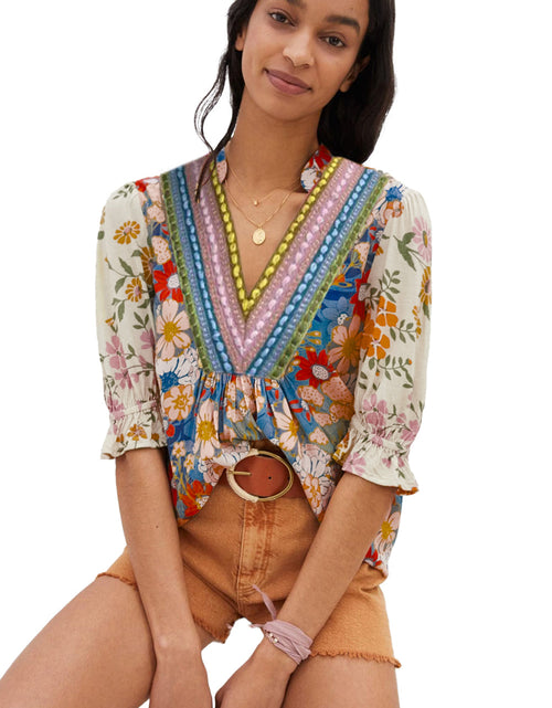 Load image into Gallery viewer, Multicolour V Neck Half Sleeve Boho Floral Blouse

