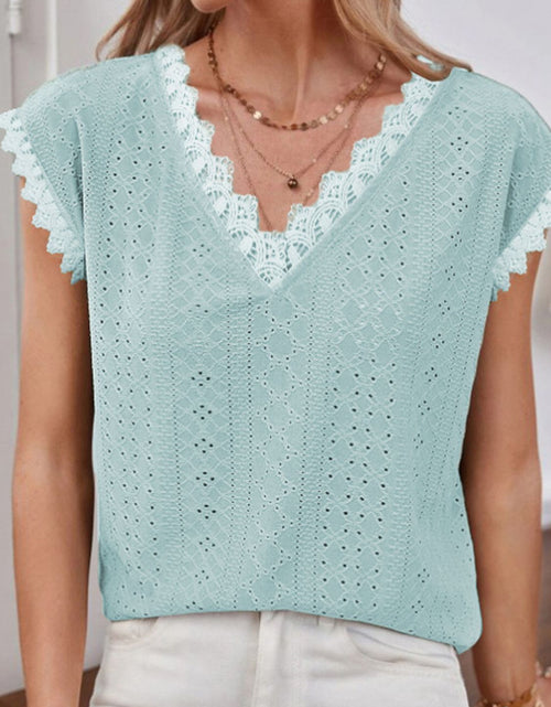 Load image into Gallery viewer, Shiny V-Neck Eyelet Short Sleeve Top
