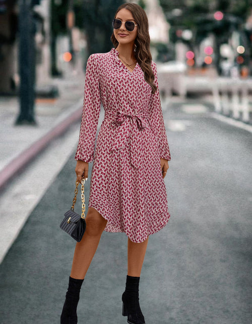 Load image into Gallery viewer, Printed Notched Tie Front Long Sleeve Dress
